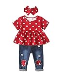 XUANHAO Infant Baby Girl Clothes 9 Months 12 Months Girls Outfits Summer Short Sleeve Ruffled Spot Dot Tops Shirts Ripped Denim Jeans Pants Sets 9-12 Months Girl Clothes