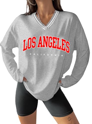 Hilinker Women's Oversized Graphic Tee V Neck Tops Casual Loose Long Sleeve T Shirt