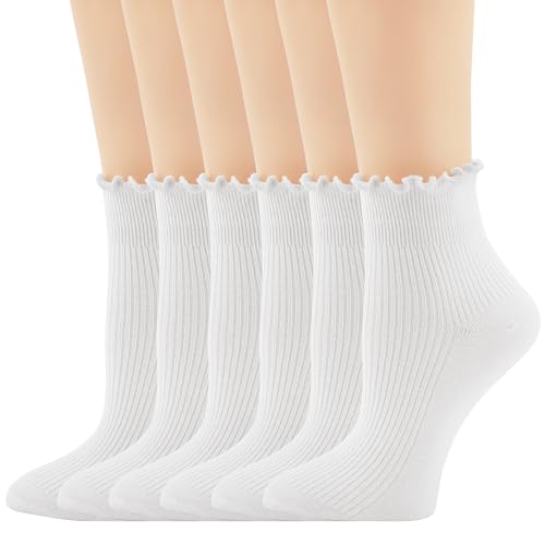Yawlsow 6 Paar Rüschen Socken Damen Baumwolle Söskchen mit Rüschen Süße Bequeme Weiche Rüschensocken Cute Ruffle Atmungsaktive Socken für Mädchen Frauen