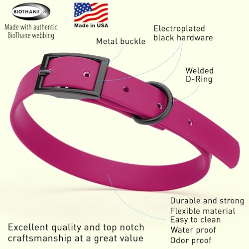 Image of Dogline Biothane Waterproof Dog Collar Strong Coated Nylon Webbing with Black Hardware Odor- Proof for Easy Care Easy to Clean High Performance Fits Small Medium or Large Dogs, Magenta Pink
