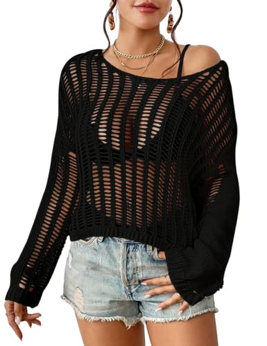 Bsubseach Beach Cover Ups for Women Sexy Hollow Out Crochet Cover Up Long Sleeve Knitted Crochet Tops for Women