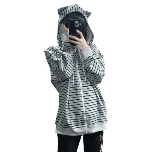 Xojbzoo Y2K Sweet Wind Strawberry Cat Printed Striped Hoodie Womens Cute Cat Ears Hoodie Loose Top (Grey X-Large)