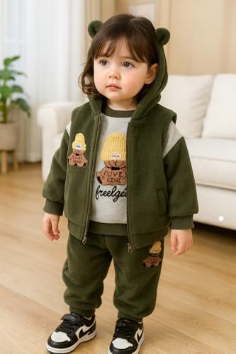 Image of Bold N Elegant Cotton Blend Cute Cartoon Bear Graphics Winter Warm Sweatshirt Hood Jacket And Jogger Pant 3 Pc Layering Clothing Set For Infant Toddler Kids