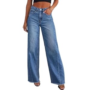 Sidefeel Women’s Wide Leg Jeans High Waisted Stretchy Raw Hem Zimbaplatinum Denim Pants