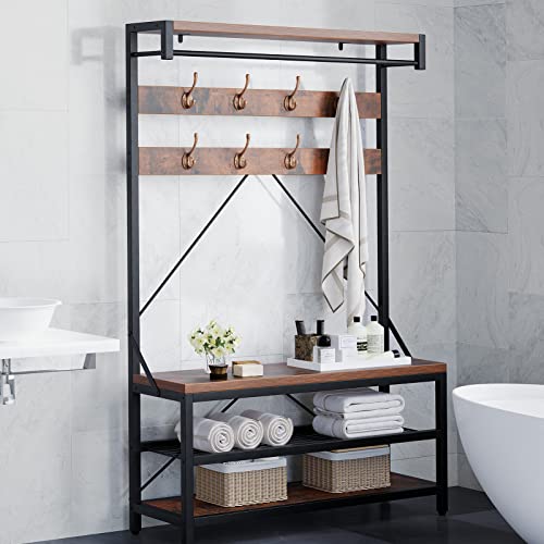 IDEALHOUSE Coat Rack Shoe Bench Industrial Hall Tree Storage Bench for Entryway, Wood Look Accent Large Shoe Rack with Storage Shelf Hanging Bar,8 Hooks Rustic Brown 39.9"x15.7"x72"