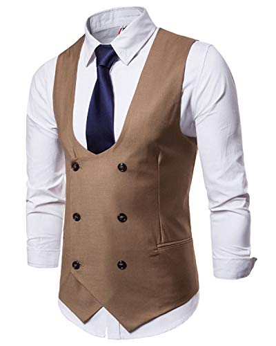 MllesReve Men's Slim Fit Waistcoat U Neck Double Breasted Suit Vest3