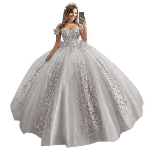 Off Shoulder Quinceanera Dresses Tulle Ball Gown with Bow Lace Applique Sweet 16 Dress