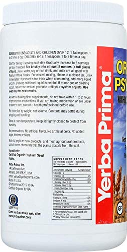 Yerba Prima Organic Psyllium Whole Husks 12 Oz - Natural Dietary Fiber Supplement, Non Gmo, Gluten Free, Keto And Vegan Friendly For Regularity Support, Unflavored #TOP1