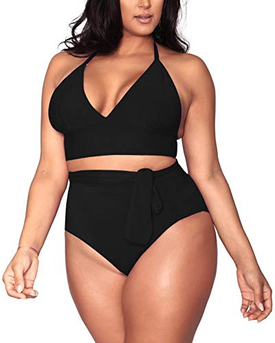 Women's Black 2 Piece Plus Size High Waisted Tummy Control Swimwear Swimsuit Sets XL 14