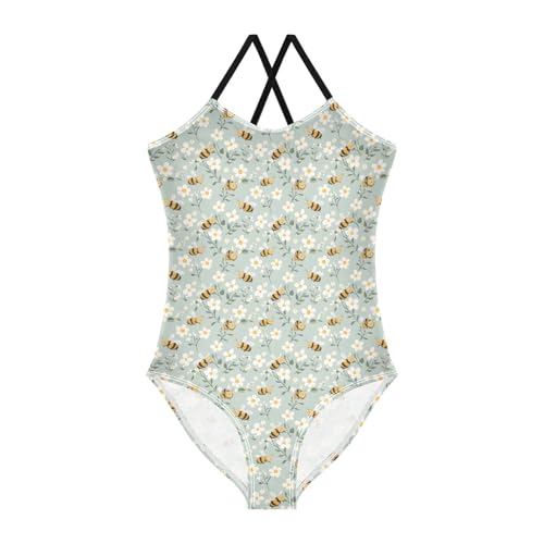 senya Girls Swimsuits One-Piece Swimwear Tie Bathing Suit Beach Summer Round Neck 7-8T White Flower Bee Pattern