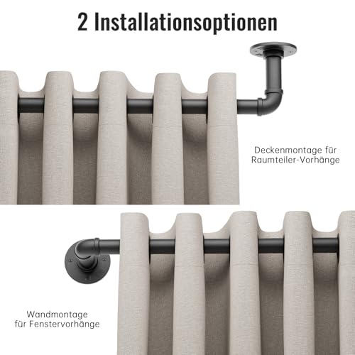 DEFYNEE Gardinenstange Schwarz, 80 bis 305 cm Industrial Vorhangstange Deckenmontage, 25mm Durchmesser, ausziehbare Gardinenstange für Terrasse, Glasschiebetür, Wohnzimmer