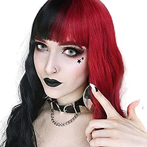 Queentas Pelucas de pelo rizado ondulado con flequillo para mujer, Halloween, medio negro y medio rojo, pelucas sintéticas para disfraz de cosplay (14 pulgadas) Cover