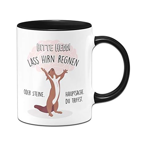 Taza de ardilla con texto en alemán "Bitte Herr!" Lass Hirn Regnen o Piedras - Taza de café divertida - gente estúpida Cover