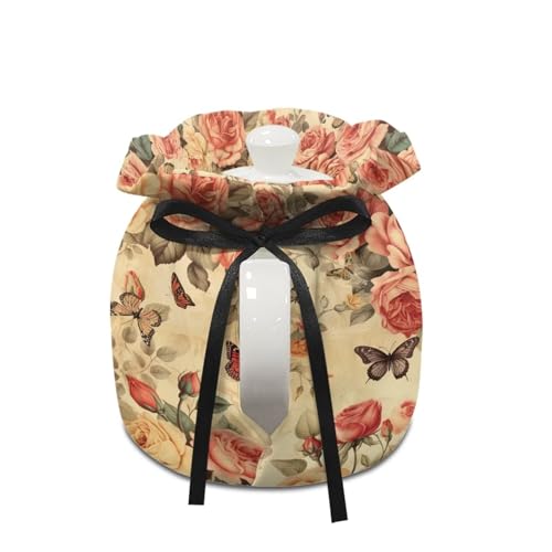 Image of Retro Butterfly Roses Dustproof Tea Pot Cozies Durable Tea Cosy Insulation and Keep Warm Kitchen Home Decorative Tea Pots Cover Both Sides Can Be Used