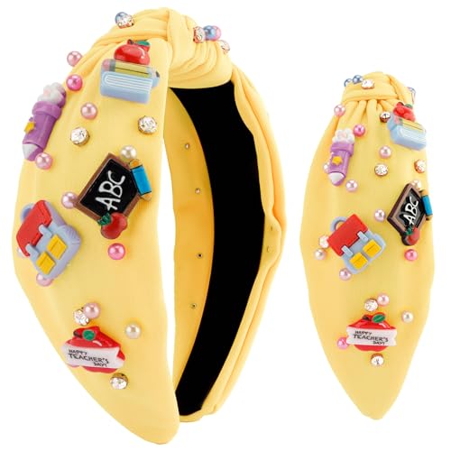 Hapdoo Yellow Teacher Knotted Headband - Back To School Gift Apple Pencil Book Rhinestone Pearl Embellished Jeweled Headband Wide Top Knot Hair Accessories Teacher Appreciation Gifts for Women Girls