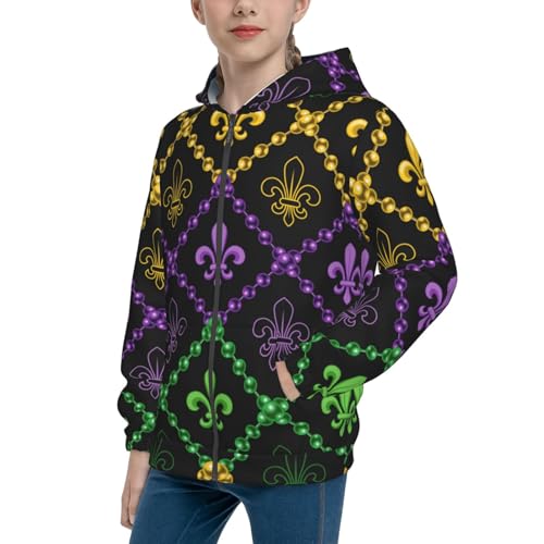 Mardi Gra Geometric Kids Pullover Hoodies Boys Zip Up Sweatshirts Girls Athletic Clothes with Pocket