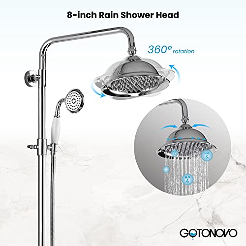gotonovo Bathroom Exposed Shower Faucet Outdoor Shower System 8 Inch Rainfall Shower Head Set with Tub Spout and Handheld Spray Double Cross Handles Wall Mount without Shower Shelf Polished Chrome