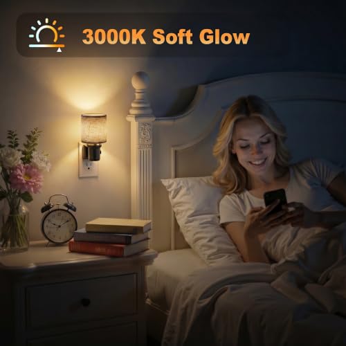 Image of JandCase Night Lights Plug into Wall, 2 Pack Linen Fabric Vintage Nightlight, 0-100LM Dimmable Farmhouse Decorative Nightlights with Dusk to Dawn Sensor, for Bedroom Living Room Hallway