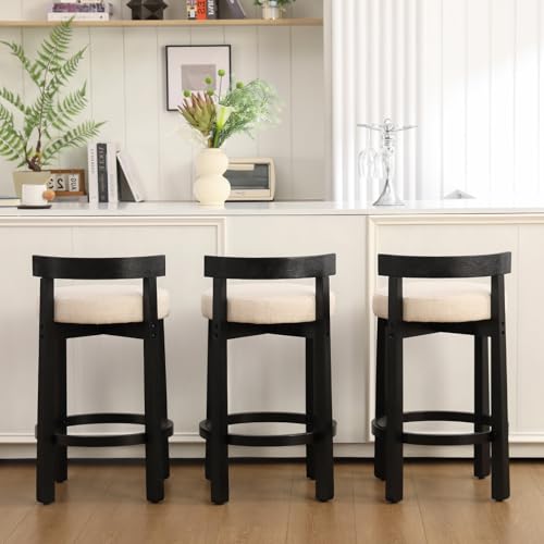 Image of CIMOTA 26.5 inch Counter Height Bar Stools Set of 2 | Mid Century Modern Low Back Bar Chairs with Black Wood Legs & Linen Upholstered Seat, Kitchen Island Stools, Beige
