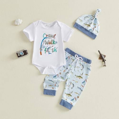 Image of Amnnchya Newborn Baby Boy Clothes Fishing Short Sleeve Romper Shirt Tops Pants Summer Spring Outfits Cute Hat Set
