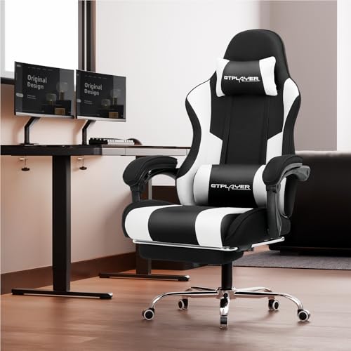 GTPLAYER Gaming Chair, Computer Chair with Footrest and Lumbar Support, Height Adjustable Game Chair with 360°-Swivel Seat and Headrest and for Office or Gaming (Fabric, Black & Light Gray)