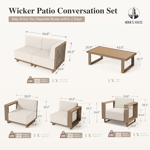 Image of HERA'S HOUSE Patio Sectional Furniture Set with 10 inch Thick Cushions, Outdoor Modular Couch Sofa Set, 5 Seats Yellow Rattan Conversation Sets for Deck Yard Lawn