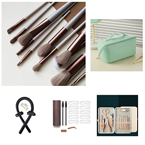 The Most Popular 5 Pcs Set, Makeup Brush Set, Eyebrow Stamp Stencils Kit, Large Capacity Travel Cosmetic Bag, Heatless Hair Curling Wrap Kit And Stainless Steel Nail Clipper Set For Great Gift Idea #TOP4
