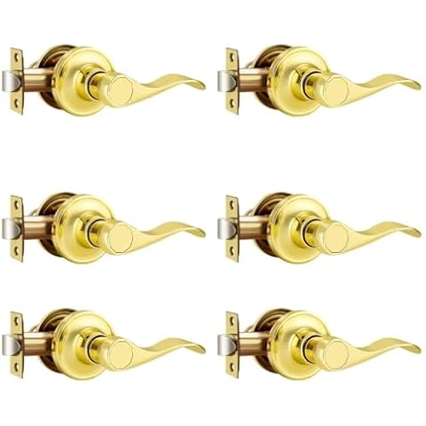 NIZADO Door Handles Interior for Hallway and Closet, Polished Brass Door Knobs Non-Locking, Passage Door Knob, Reversible Door Handle, 6 Pack, Zinc Alloy Cover