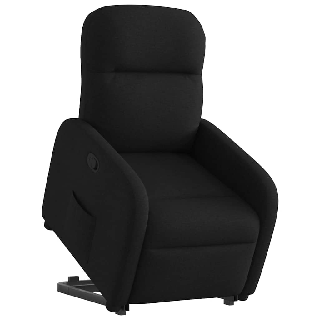 Sillón elevador eléctrico reclinable de tela negra con elevación automática y respaldo manual, cómodo asiento acolchado y marco estable, ideal para personas mayores