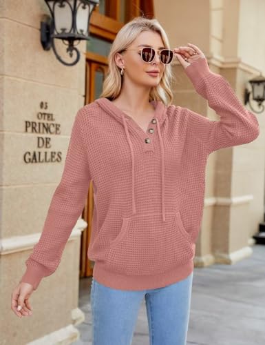 Image of CiCiBird Women Fall Hoodies Sweater Knit V Neck Tops Oversized Fashion Pullover Casual Long Sleeve Shirts with Pockets Pink L