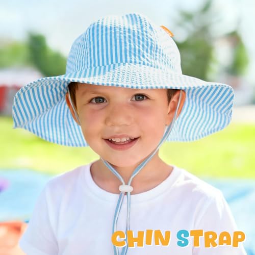 Image of HONGTEYA Baby Sun Hat Toddler Girl Beach Hat Sun Protection Adjustable Outdoor Summer Wide Brim Bucket Hat for Infant Kids