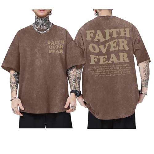 Image of Christian Shirts for Men Faith Over Fear Oversized Shirt Acid Wash Tshirt Graphic Religious T Shirt Bible Verse Tees