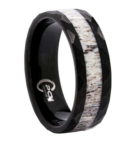 Deer Antler Ring in Black Tungsten Hammered Finish 8mm Comfort Fit Wedding Band