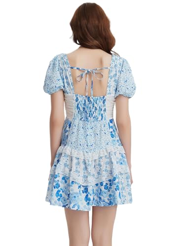 Image of hibshaby Women's Floral Patchwork Dress V Neck Lace Layered Ruffle Flowy Babydoll Dress Puff Sleeve Tiered Mini Sundress