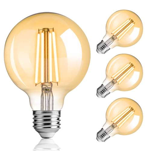 Image of FLSNT G25 Clear LED Bulbs, 40W Eqv, 400LM, 2700K, E26, 4 Pack | Dimmable, CRI90+, amber glass, UL listed, instant on, for bathroom vanity, mirror lighting, living room decor