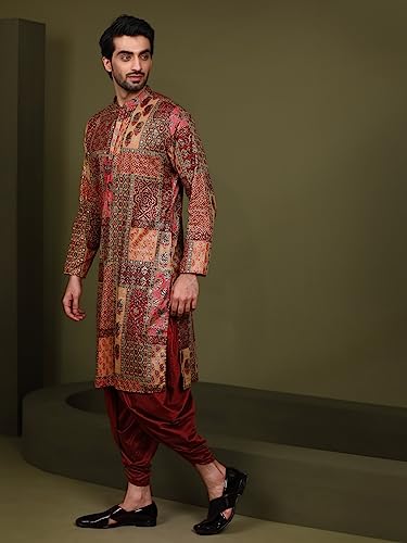 Mens Kurta – Printed Cotton Blend Tunic with Mandarin Collar, Regular Fit – Indian Wedding Outfit for Men – Festive Wear for Diwali, Eid & Celebrations Maroon3