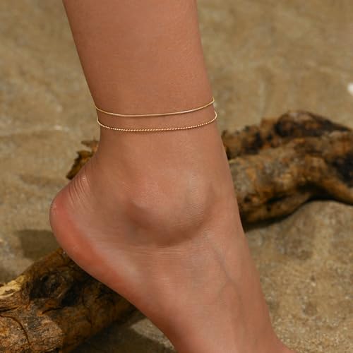 Image of Anklets for Women Dainty CZ Ankle Bracelet 18K Gold Plated Waterproof Boho Dot Star Moon Daisy Ocean Beaded Anklet Trendy Foot Jewelry