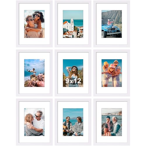 Image of Vittanly 9x12 Picture Frames Set of 9, Shatter Resistant Plexiglass, Display 6x8 Pictures with Mat or 9x12 without Mat, Photo Frames for Wall or Tabletop, Engineered Wood, White
