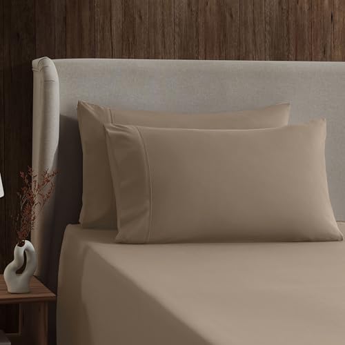 Image of Nestl Split King Bed Sheet Set - Taupe - 5-Piece Deep Pocket | Instantly Soft, Night-One Ready (No Wash Required). Fits 16-Inch Deep Pockets, 360-Degree Elastic Grip