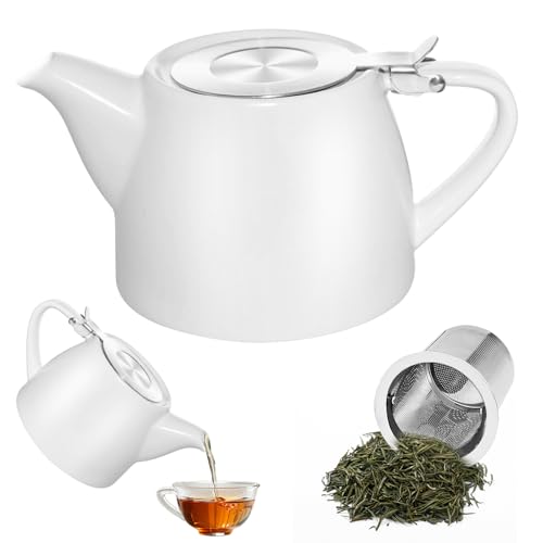 Teiera in ceramica, teiera in porcellana da 500 ml, con colino, in ceramica, adatta alla lavastoviglie, con manico arrotondato, per bustine di tè sfuse, colore bianco