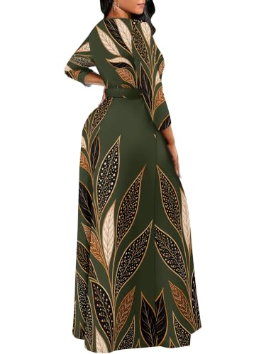 Image of Women Plus Size Long Sleeve V Neck Maxi Dress with Belt | Soft fabric relaxed fit three quarter sleeve v neck with pockets for party and daily wear