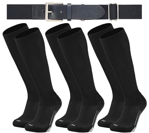 Londkaron Youth Elite Baseball/Softball Socks & Belt Combo (3 Pairs of Socks with 1 Belt) (Medium Black)