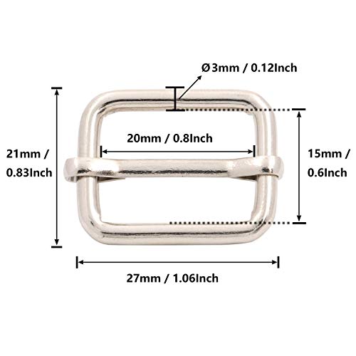 BIKICOCO Metal Slide Adjuster Buckle Tri-Glides with Movable Center Bar, for Straps, 0.8 x 0.6 Inch, Silver, Pack of 50