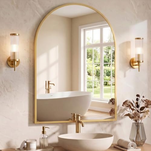 Image of NEWBULIG 40X30 Inch Arched Bathroom Mirror for Wall, Vanity Bathroom Mirrors for Over Sink Tempered Glass, Anti-Rust Arched Metal Framed, Hangs Horizontally or Vertically, Farmhouse Home Decor, Gold