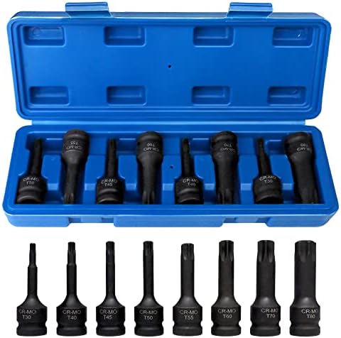 Impact Torx Socket Set 8 Pieces, T30 T40 T45 T50 T55 T60 T70 T80 Cr-Mo Impact Grade, 1/2" Drive Torx Bit Socket Set with Case