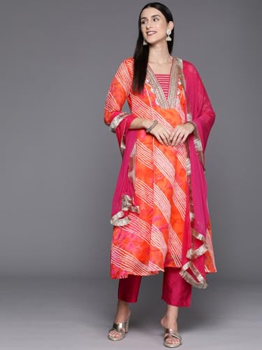 Image of Varanga Women Anarkali Kurta Pant Set with Dupatta | Cotton Blend | V-Neck | 3 /4 Sleeve | Calf Length |Casual Wear
