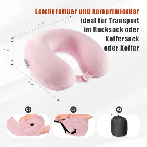 Egret Memory Foam Nackenhörnchen für Reisen - Ergonomische Unterstützung für Kopf, Nacken & Kinn - Super Leicht Nackenkissen für Flugzeug, Auto, Büro(Rosa)