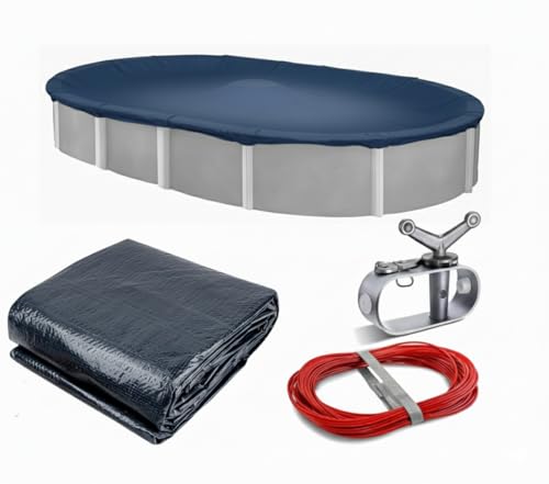Winter Block Winterabdeckung für oberirdische Pools, passend für 3,6 x 5,4 m ovale Poolabdeckung, solides Blau, inklusive Seilwinde und Kabel für einfache Installation, überlegene Festigkeit und