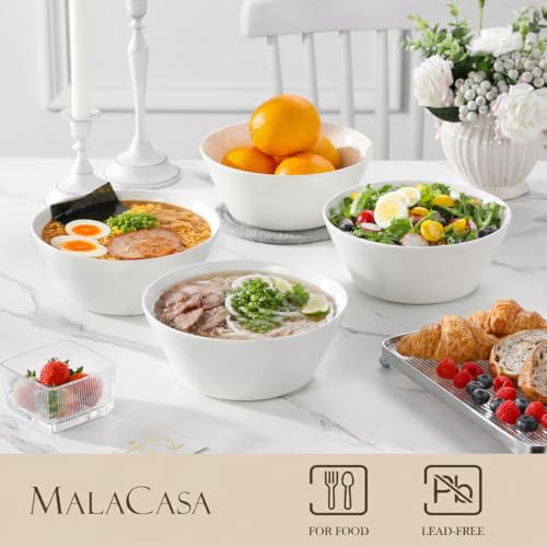 MALACASA Large Salad & Soup Bowls - Set of 4, 60 OZ Porcelain White Bowls for Ramen, Pasta, Pho - Microwave & Dishwasher Safe by MALACASA - Image 3