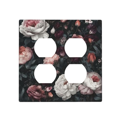 Decorative Outlet Covers Rustic Big Pink Flowers White Peony Floral 2 Gang Wall Plate Cover Double Duplex Receptacle Two Switch Light Switch Cover Plate Jumbo Faceplate
